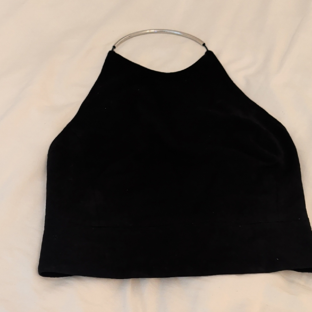 Wilfred Black Halter Crop Top with Silver Ring Detail and Open Back